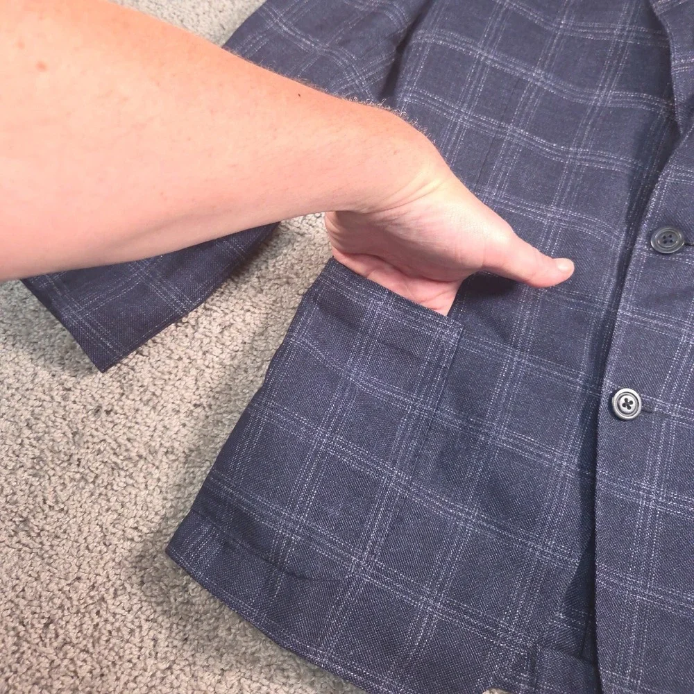 Samuelsohn Wool Linen Blazer 40R Blue Plaid Altered Fits Like 36 S Windowpane